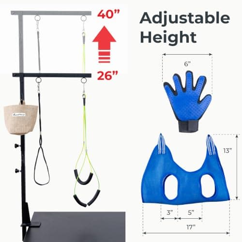 Dog Grooming Kit Adjustable Arm With Clamp: Height 26"-40", Small Dog Sling For Nail Trimming Hammock, no-sit Haunch Holder Leash Loops, Glove, Tool Hanging, Full Home Pet Grooming Supplies Kit, Cats — view 6
