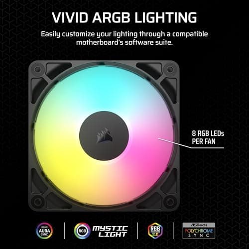 CORSAIR RS120 ARGB 120mm PWM Fan – Daisy-Chain Connection – Low-Noise – Magnetic Dome Bearing – Single Pack – Black — view 3