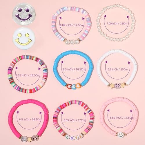 YALASOBA Colorful Smile Heart Star Bracelets Set - Y2K Kidcore Aesthetic - Polymer Clay Pearl Beaded Charm Stackable Jewelry for Women, Girls, Teens(Multi Color)