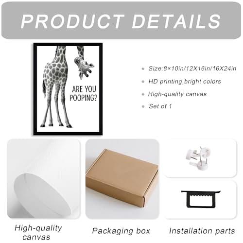 WRFON Framed Giraffe Bathroom Wall Art, Funny Giraffe With Are You Pooping Artwork Print, Black and White Animal Canvas Wall Painting, Modern Farmhouse Decoration for Home Decor, 8" W x 10" L — view 5