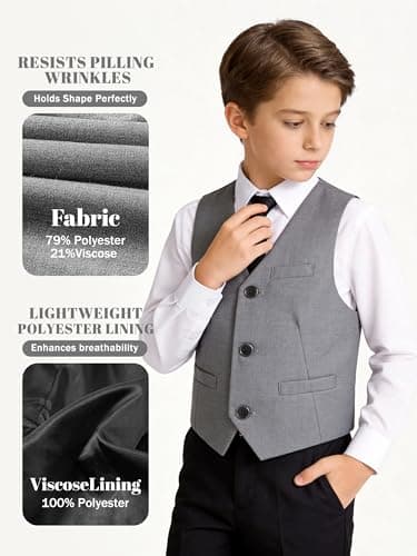 LOLANTA Youth Boys Vest Classic Fit V Neck 3 Buttons Church Clothes Dress Waistcoat with Pockets (Grey, 7-8 Years) — view 3