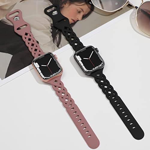 Braided Silicone Bands Compatible with Apple Watch 38mm 40mm 41mm 42mm 44mm 45mm 46mm 49mm for Women, Slim Thin Narrow Hollow-out Strap Cute for iWatch Ultra 2/3 SE 3 Series 11/10/9/8/7/6/5/4/3/2/1 — view 2
