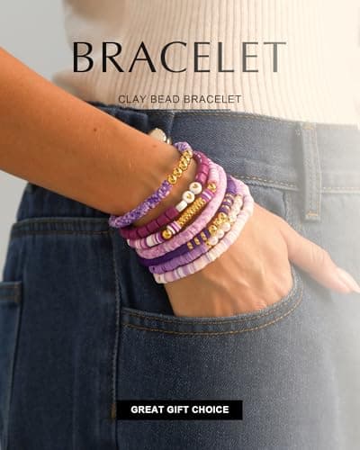 CCINPPY Friendship Bracelets Trendy Heishi Clay Bead Bracelets Stack Gold Beaded Stretch Bracelets for Women Boho Stackable Bracelets Bulk Cute Preppy Jewelry, Purple