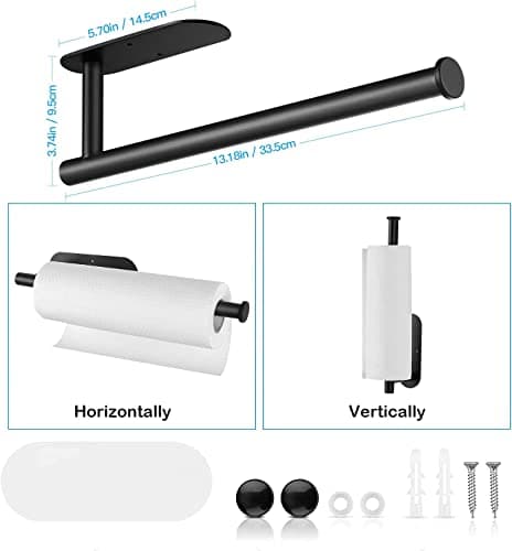 Paper Towel Holders for Kitchen,Paper Towels Bulk- Self-Adhesive Under Cabinet,Both Available in Adhesive and Screws,Stainless Steel Paper Towel Roll Rack (1, Bright Black) — view 3