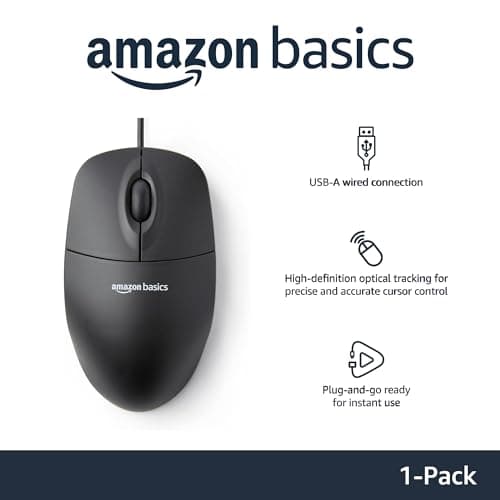 Amazon Basics 3-Button USB Wired Computer Mouse (Black), 1-Pack