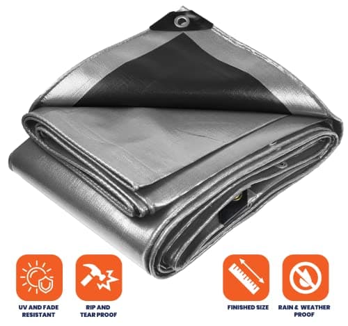 Tarpco Safety Heavy Duty 10 Mil Tarp Cover, Waterproof, UV Resistant, Rip and Tear Proof, Poly Tarpaulin with Reinforced Edges for Camping, Roof, Patio, Pool, Boat. (Silver/Black 12′ X 25′)