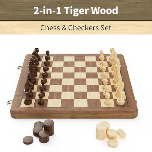 15" Wooden Folding Chess & Checkers Set - 2 in 1 Board Game with 3" King Staunton Pieces and 2 Extra Queens (Tigerwood)