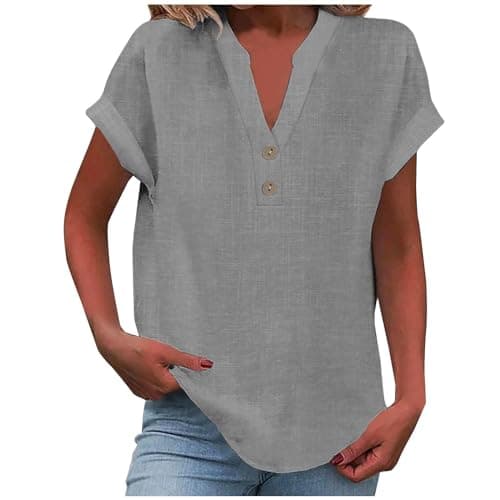 Linen Shirts for Women V Neck Button Up Shirt Short Sleeve Loose Fit Lightweight Blouses Casual Summer Beach T-Shirt Gray