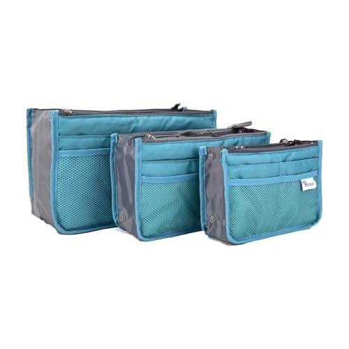 Periea Chelsy Handbag Organizer Insert 13 Pocket Purse Organiser with 2 Zipped Compartments Washable Reinforced Handles Structured Padding S M L (Blue, Medium) — view 8