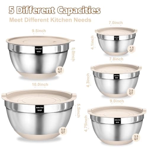 Umite Chef Mixing Bowls with Airtight Lids Set, 8PCS Stainless Steel Nesting Bowls with Grater Attachments, Non-Slip Bottoms, 5, 4, 3.5, 2, 1.5QT for Mixing & Serving