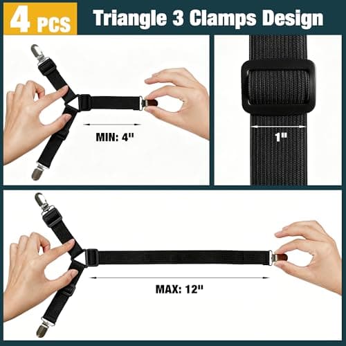WHISPERING WONDER 4 Pack Bed Sheet Fasteners, Adjustable Mattress Cover Straps with Metal Clips, Elastic Bed Corner Holders, Non Slip Sheet Clips, Black Color