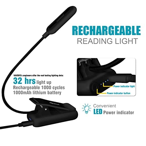 VAVOFO Rechargeable Reading Light, 7 LEDs with 9 Color Temperature 9 Brightness Levels Clip On Book Light for Reading in Bed with Power Indicator for Bookworms (Black) — view 3