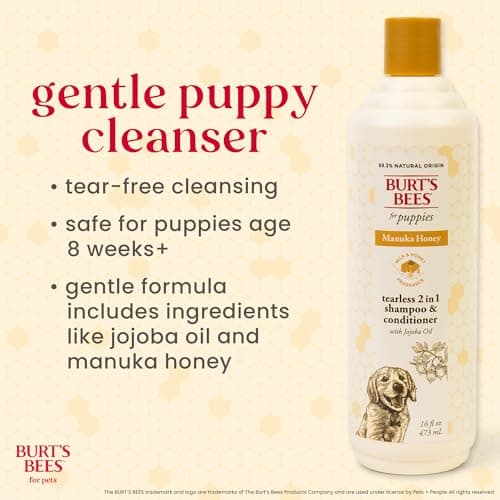 Burt's Bees for Pets Manuka Honey Tearless 2-in-1 Dog Shampoo and Conditioner, with Jojoba Oil, 95% Natural Origin, Free of Sulfates, Milk and Honey Scent, 16 Fl Oz