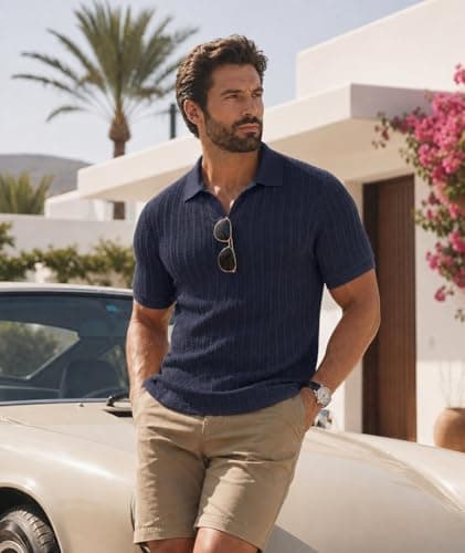 Askdeer Men's Polo Shirts Casual Short Sleeve Stretchy Ribbed Textured Old Money Vacation Beach Golf T Shirts Navy Blue Large