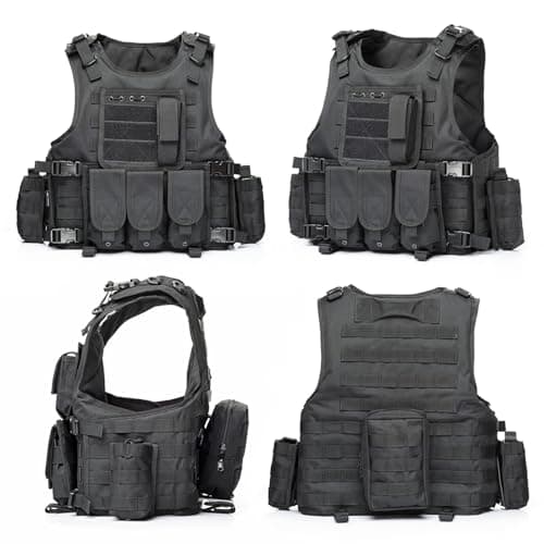 SANYETS Tactical Vest, Black Airsoft Plate Vest for Men,Army Molle Vest with Detachable Pouches and Cap,Gloves,Balaclava for Military Costume, Men's Tactical Airsoft Gear — view 2