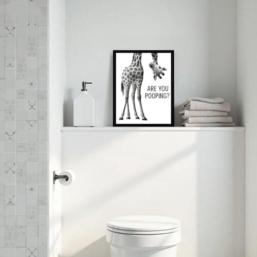 WRFON Framed Giraffe Bathroom Wall Art, Funny Giraffe With Are You Pooping Artwork Print, Black and White Animal Canvas Wall Painting, Modern Farmhouse Decoration for Home Decor, 8" W x 10" L — view 4