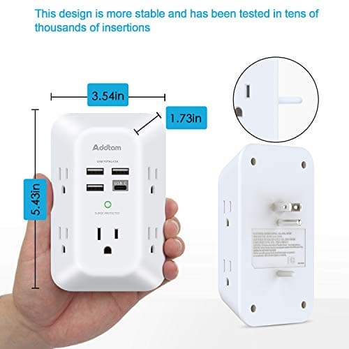 Addtam 5-Outlet Extender Surge Protector, Multi Plug Wall Outlet with 4 USB Wall Charger(1 USB C Ports), Outlet Splitter for Home Office Dorm Room Essentials, Plug Extension Outlet 1800J, 2 Pack — view 5