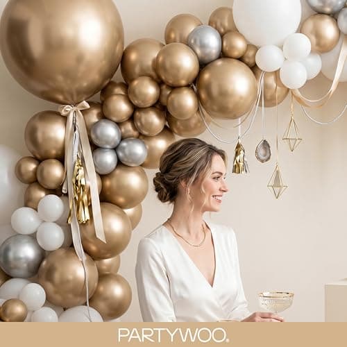 PartyWoo Chrome Gold Balloons, 100 pcs Gold Chrome Balloons Different Sizes Pack of 18 Inch 12 Inch 10 Inch 5 Inch for Balloon Garland or Arch as Birthday Decorations, Party Decorations, Gold-G127 — view 8