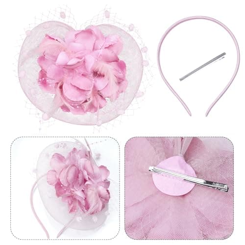 Haakong 20s Fascinators Hat for Women Tea Party Headpiece Mesh Feathers Hair Clip for Bridal Wedding (Pink) — view 2