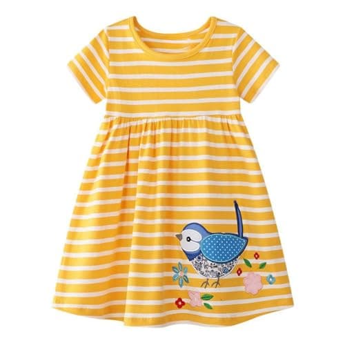 Winzik Toddler Summer Dress, Little Girls Short Sleeve Cotton Casual Dresses Bird Clothes 2-8 Years (2-3T, Bird Stripe)