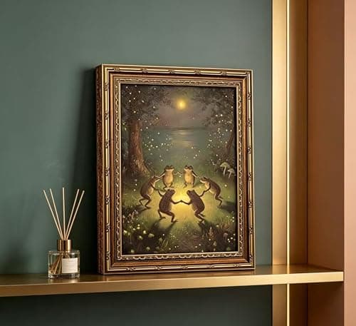 Vintage Gold Framed Frog Wall Art,Frogs Dancing in Moonlight Forest Painting Canvas Prints,Whimsical Animal Wall Decor,Retro Country Toad Poster Artwork,for Corridor Living room Bedroom Kitchen — view 4