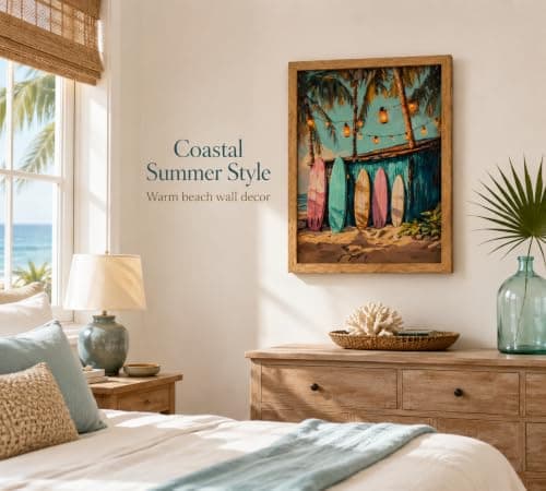 Framed Vintage Surfboard Canvas Wall Art,Coastal Painting Picture Wall Decor,Tropical Palm Tree Lantern Summer Poster Print Artwork,for Living Room Bedroom Bathroom Girls Room Home Decoration 8x10in