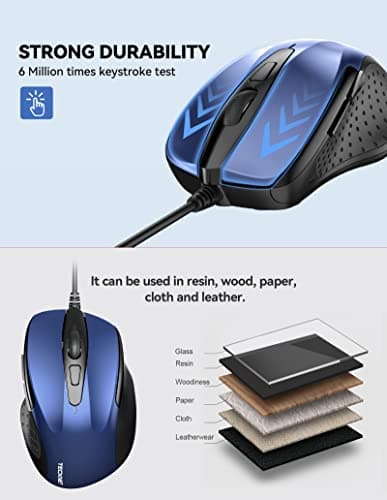 TECKNET USB Wired Mouse, 6-Button Corded Computer Mouse with 4 Adjustable DPI, Optical Computer Mice with Ergonomic Design and 5FT Cord for Laptop, Chromebook, PC, Desktop, Mac, Notebook-Blue — view 5