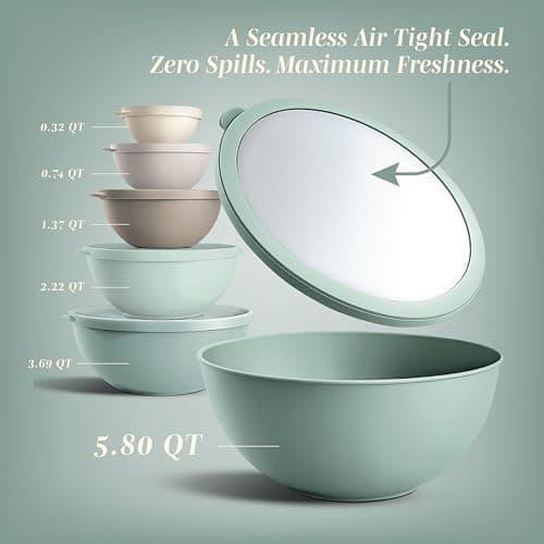 COOK WITH COLOR Mixing Bowls with TPR Lids - 12 Piece Plastic Nesting Bowls Set Includes 6 Prep Bowls and 6 Lids, Microwave Safe Mixing Bowl Set (Mint Ombre)