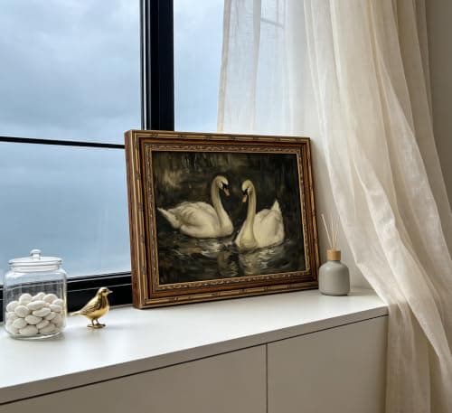 YUANNING Vintage Gold Frame Swan Couple Wall Art Elegant Swan Painting Canvas Modern Farmhouse Cottagecore Picture Wall Decor Dark Academia Lake Nature Aesthetic Print Artwork For Bedroom Living Room — view 3