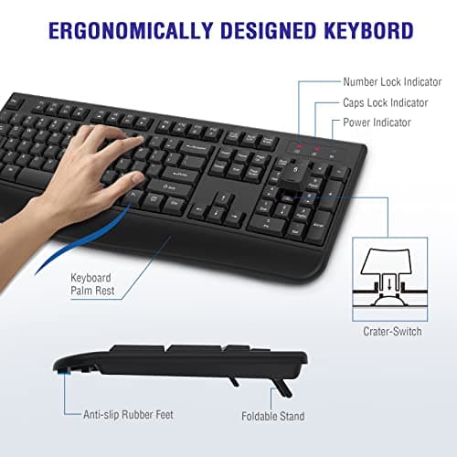 QUASIO Wireless Keyboard, 2.4G Full-Sized Ergonomic Wireless Computer Keyboard with Wrist Rest for Windows, Mac OS Laptop/PC/Desktop/Notebook(Black) — view 2