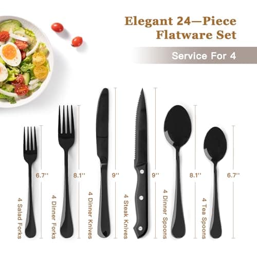 Astercook 24-Piece Black Silverware Set with Steak Knives Flatware Set for 4 Food-Grade Stainless Steel Cutlery Set Mirror Polished Utensils Set Include Spoons and Forks for Home Kitchen Restaurant