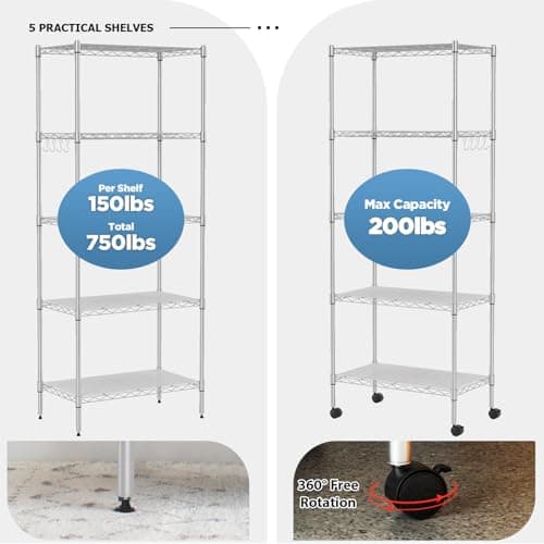 FDW 5-Tier Metal Wire Garage Storage Rack Shelf Unit for Garage/Kitchen,with Wheels,Chrome — view 3