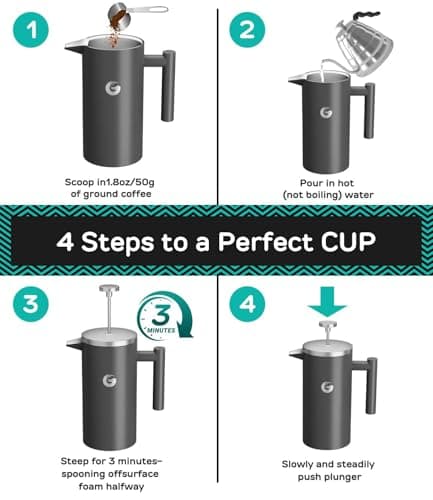 Coffee Gator 304 Grade Stainless Steel French Press Coffee Maker 34 oz, Double Wall Insulated Hot Cold Brew Teapot with 4-Level Filtration System, Include Travel Jar Canister, Kitchen, Gray — view 6