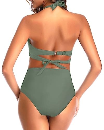 Tempt Me Women Two Piece Vintage Swimsuit Retro Halter Ruched High Waist Bikini with Bottom, Olive Green, S — view 4