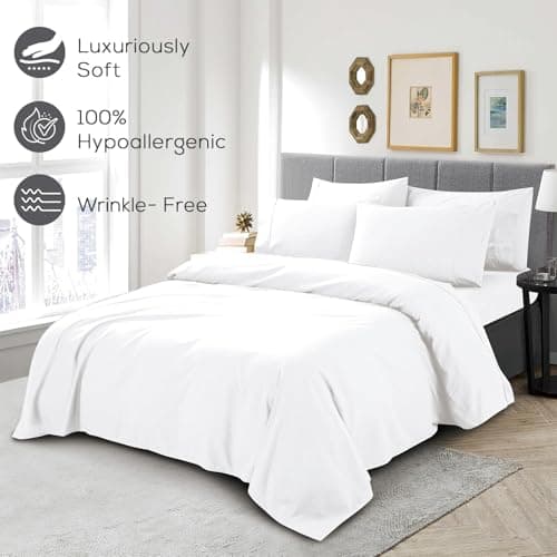 Mueller 6 Piece Queen Bed Sheets Set – Ultratemp Cooling Technology, Oeko-TEX Certified, Ultra-Soft Series, 4 Pillowcases, Deep Pocket 16", Hypoallergenic, Wrinkle-Free Hotel Bedding, White — view 4