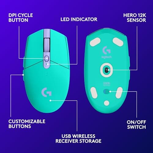 Logitech G305 Lightspeed Wireless Gaming Mouse, Hero Sensor, 12,000 DPI, Lightweight, 6 Programmable Buttons, 250h Battery, On-Board Memory, Compatible with PC, Mac - Mint — view 5
