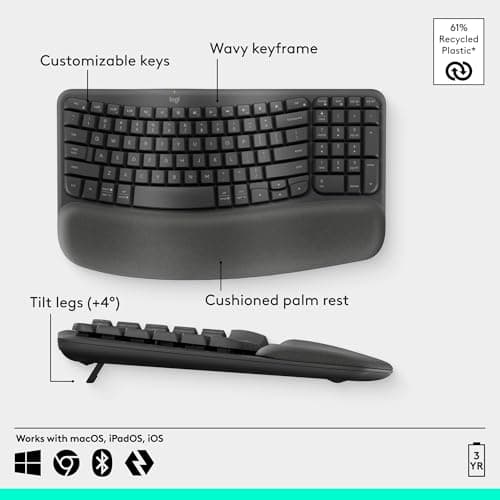 Logitech Wave Keys Wireless Ergonomic Keyboard with Cushioned Palm Rest, Comfortable Natural Typing, Easy-Switch, Bluetooth, Logi Bolt Receiver, for Multi-OS, Windows/Mac - Graphite — view 5