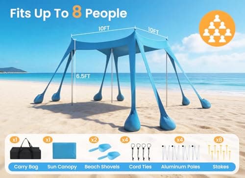 Beach Tent, UPF 50+ Sun Shelter with 8 Sandbags, Sand Shovels, Ground Pegs & Stability Poles – Portable Shade Canopy for Camping, Fishing, Backyard Fun, or Picnics (Sky Blue)