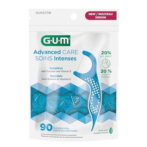 GUM Advanced Care Flosser Picks, Infused with Vitamin E & Fluroide, Fresh Mint Flavour, Blue, 90 Flossers (1 Bag)