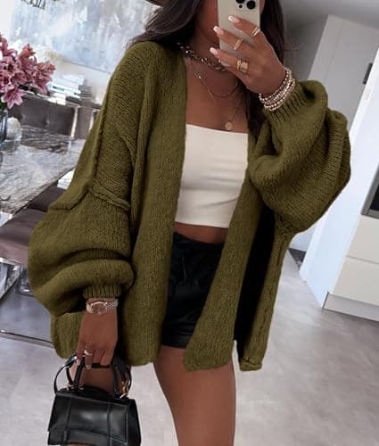 PRETTYGARDEN Womens Oversized Cardigan Sweaters 2026 Fall Long Lantern Sleeve Knit Open Front Lightweight Sweater (Army Green,Small) — view 7