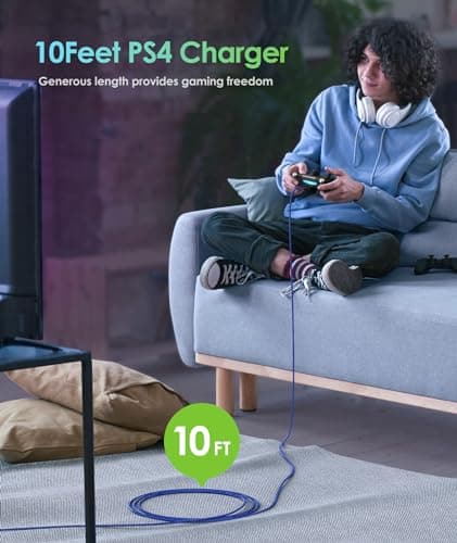 PS4 Controller Charging Cable 2 Pack, 10FT Micro USB Cable for PS4, PS4 Slim, PS4 Pro DualShock 4 Controller, Nylon Braided Charger Cord, Compatible with Micro USB Devices, Black Blue
