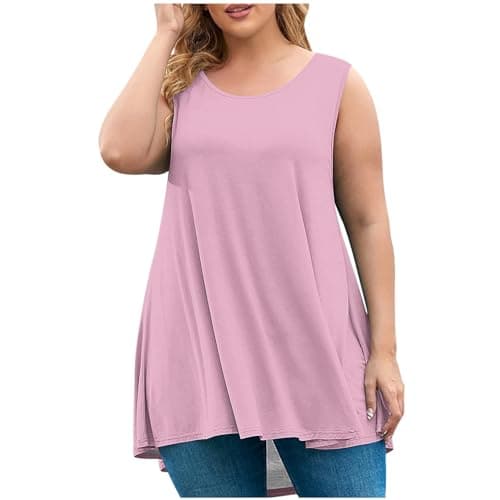Womens Plus Size Tunic Tops Loose Fit Summer Casual Shirts Sleeveless Crewneck Flowy Blouses Wide Strap Camisole Pink