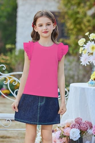 Arshiner Shirts for Kids Mesh Ruffle Flying Short Sleeve Tops for Kids Size 7-8 Casual Soft Summer Tees for Girls Hot Pink — view 2