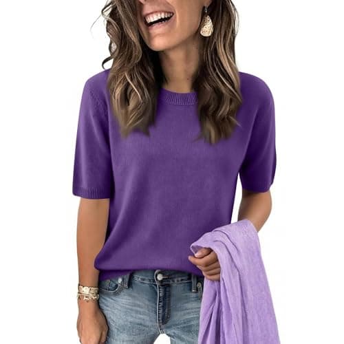 Elbow Sleeve Tops Women Loose Fit Cashmere Sweaters Crew Neck T Shirts Dressy Lightweight Half Sleeve Spring Blouses Purples X-Large — view 5