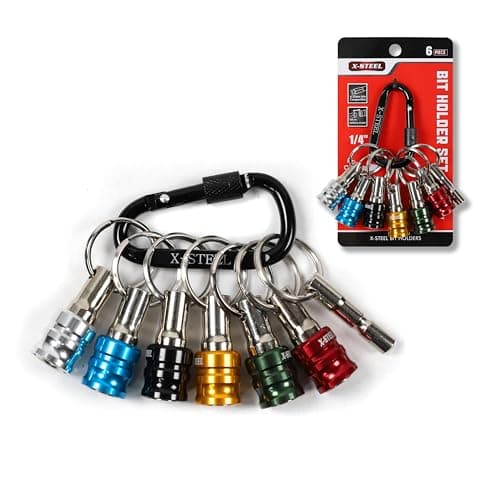 X-STEEL 6Pcs Bit Holder, 1/4 Drill Bit Holders, Keychain Drill Screw Adapter Change Portable, With Black Carabiner for Tools & Home Improvement Gift
