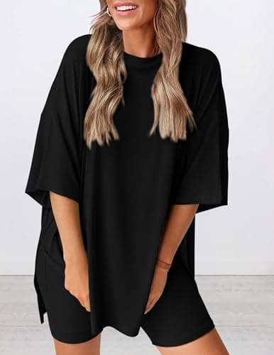 PRETTYGARDEN Women 2 Piece Lounge Set 2026 Summer Casual Oversized Shirts Biker Shorts Matching Airport Travel Outfit Clothes (Black,Small) — view 2