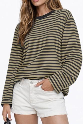 CHYRII Women Oversized Striped Long Sleeve T Shirts Fashion Casual Fall Spring 2026 Tops Y2K Clothes (Dark Grey+Beige S) — view 2