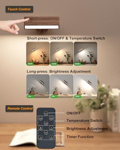 DetarZinLED Wooden Wall Sconce Battery Operated with Remote,Rechargeable Wall Lights for Bedroom with 3 Color Temperature, Magnetic, Stick-On, Dimmable Wall Reading Lights (Walnutwood, 2 Pack) — view 3