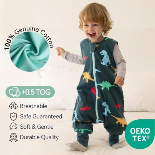 WarmWrap Toddler Sleep Sack with Feet 2t-3t 100% Cotton 0.5 Tog 24-36 Months Baby Sleep Sack with Legs, 3 Pack Soft Breathable Footed Wearable Blanket with 2-Way Zipper