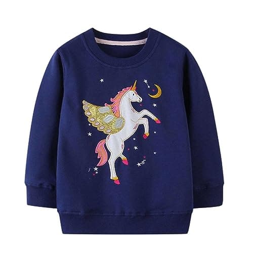 Winzik Toddler Sweatshirt, Kids Girls Crewneck Sweatshirts Unicorn Embroidery Spring Fall Clothes 2-7 Years (3-4T, Unicorn Dark Blue)